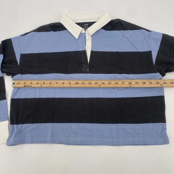 Aerie Size M Blue and Gray Striped Rugby Cropped Polo Shirt Long Sleeve - Picture 9 of 12
